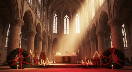 Feast of St Stephen gradient from deep red to cream gold, ancient stone church filled with light, wreaths and crosses adorning altar