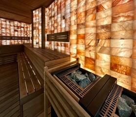  Walls of Himalayan salt bricks in sauna.