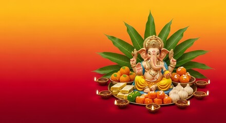 Pancha Ganapati gradient from warm saffron to festive ruby, golden idol of Lord Ganesha surrounded by mango leaves and sweets