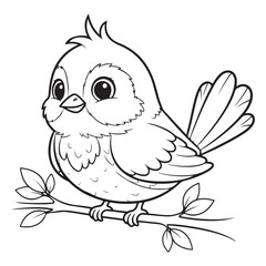 bird Character Vector, Coloring page outline of a cute bird