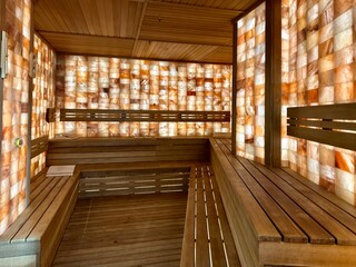 Himalayan bath.  Walls of Himalayan salt bricks in sauna.