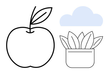 Apple with leaf, potted plant, and cloud represent nature, health, simplicity, growth, ecology, wellness. Ideal for education sustainability mindfulness organic food eco-friendly lifestyle