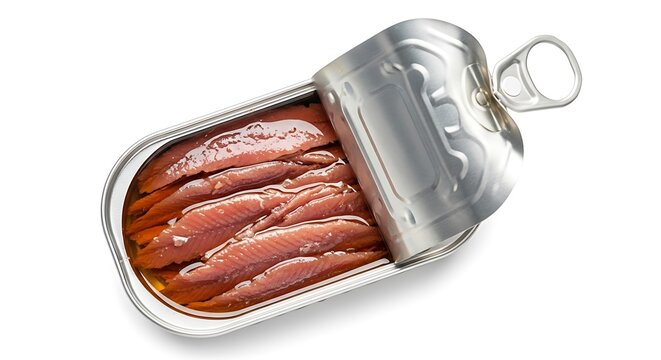 Opened can of anchovy fillets in oil isolated on white background