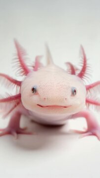 A close-up view of an axolotl's face on a white surface