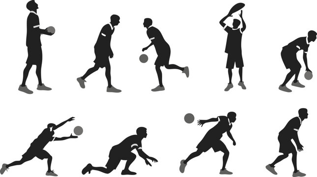 Dynamic basketball player sequence silhouette, showcasing movement and sportsmanship, suitable for athletic designs and fitness promotions with vector precision