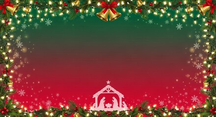 Christmas gradient from pine green to crimson red, twinkling fairy lights, holly and bells framing nativity scene