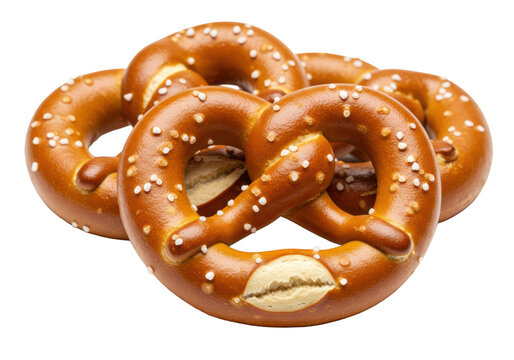 Three classic knot-shaped pretzels, golden brown with glossy sheen and coarse salt, isolated against a seamless transparent background, soft diffused lighting, clean copy space. Concept for snack food