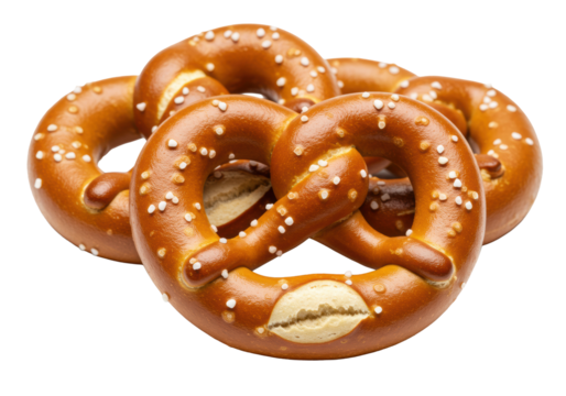 Three classic knot-shaped pretzels, golden brown with glossy sheen and coarse salt, isolated against a seamless transparent background, soft diffused lighting, clean copy space. Concept for snack food