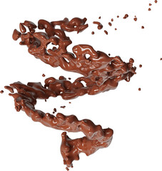 Realistic liquid chocolate splash isolated clipart, creamy richness, brown splashing jet with droplets mid-air 3d render