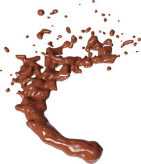 Realistic liquid chocolate splash isolated clipart, creamy richness, brown splashing jet with droplets mid-air 3d render