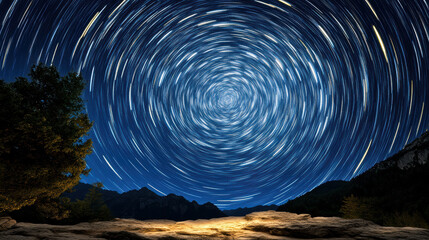 Captivating night sky with star trails forming spiral pattern over mountains
