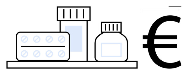 Medication bottles, blister pack on shelf, large euro sign highlighting healthcare pricing and drug cost. Ideal for healthcare, pharmacy, health economy, affordability, budgeting, finance treatment