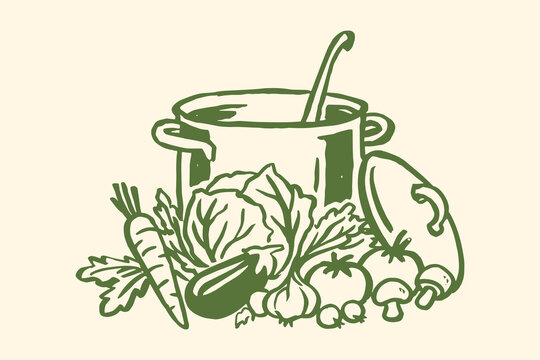 Cooking pot with vegetables rustic brush sketch vector illustration