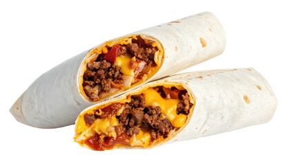 Sliced burrito reveals beef, cheese, and tomato filling