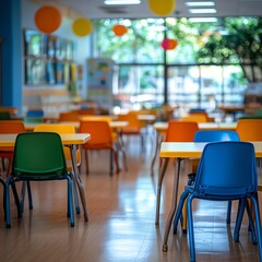 School classroom in blur background without young student