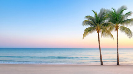 Obraz premium Serene palm trees stand along tranquil beach at sunset, creating peaceful atmosphere