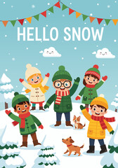 Fototapeta premium Hello Snow Cheerful Children Playing in a Winter Wonderland with Snowy Trees and Festive Flags