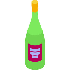 Isometric lime green bottle with a magenta label and yellow cap on a transparent background