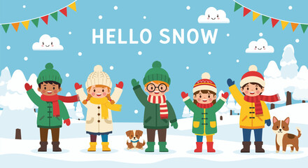 Cheerful Children Greeting Winter with Snowflakes and Warm Clothing, Festive Winter Season Illustration