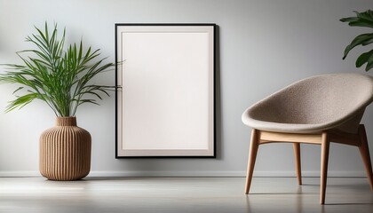 Blank Frame Mockup On Wall In Minimalist Interior With Plant In Trendy Vase And Chair Artwork Template For Wall Art Painting Photo Or Poster