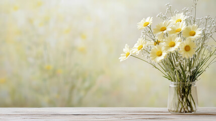 Obraz premium Fresh daisies in glass vase create cheerful atmosphere, enhancing any space with their beauty