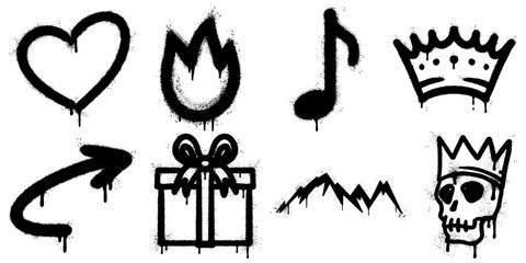 collection of black graffiti stencil icons created with spray paint on a white background. Includes heart, flame, music note, crown, arrow, gift box, mountain, and skull with crown symbols.