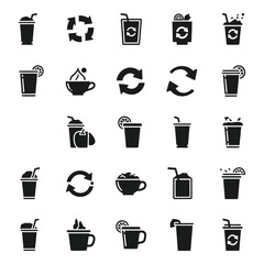 Obraz premium Collection of beverage icons illustrating coffee juices and recycling symbols
