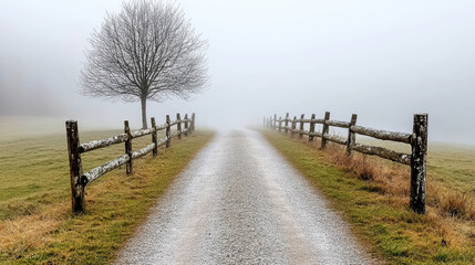 Obraz premium Tranquil path leads through morning fog, flanked by rustic fence and solitary tree