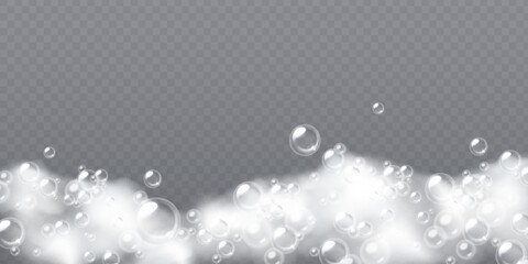 Naklejka na ściany i meble Floating foam cloud with soap spheres in sud formations - transparent bubbles drifting upward from white lather base for bath and cosmetic products. Cleaning froth elements with shimmering orbs.