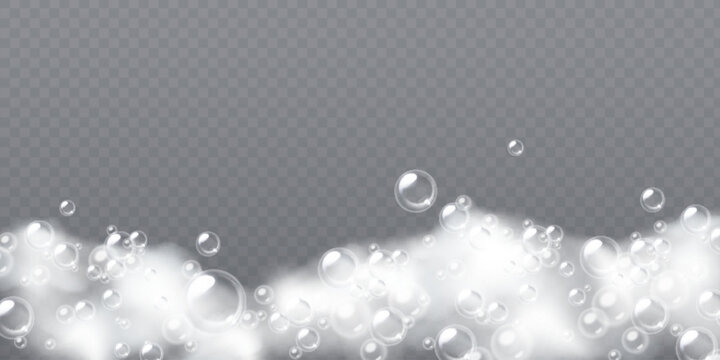 Floating foam cloud with soap spheres in sud formations - transparent bubbles drifting upward from white lather base for bath and cosmetic products. Cleaning froth elements with shimmering orbs.