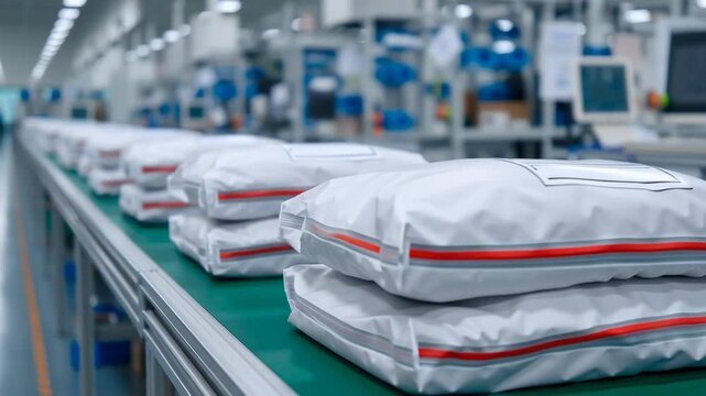 Electronics manufacturing assembly, packed items on conveyor belt