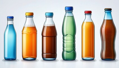 Bottled Drinks Cartoon Vector Illustration Set Collection Of Various Plastic And Glass Bottles With Soda Water And Beer