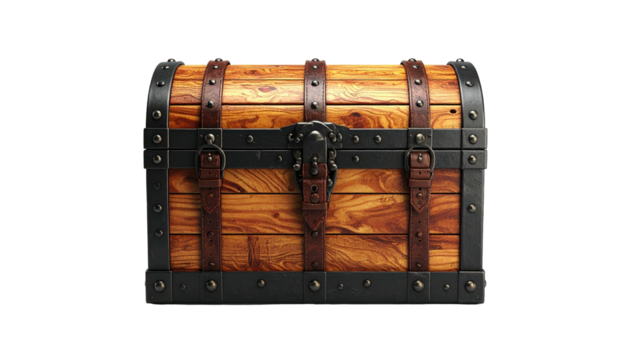 Rustic wooden treasure chest with dark metal bands and hardware