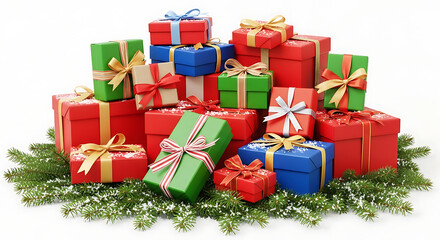 A pile of christmas presents in red green and blue with ribbons and pine needles on a white background