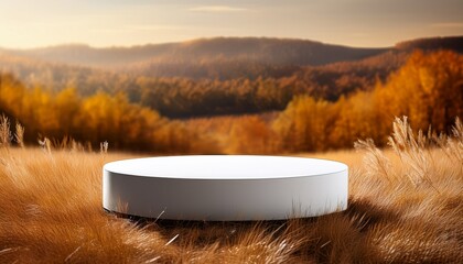 An Empty White Podium Stage In The Field With Fall Grass