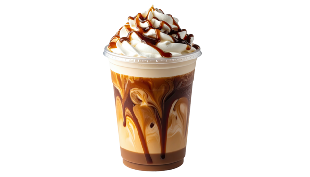 Creamy iced coffee, caramel swirls, and whipped topping in clear cup
