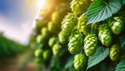 Fresh Green Hops Cones Hanging On The Vine With Lush Leaves Ready For Harvest Natural Organic Beer Brewing Ingredient