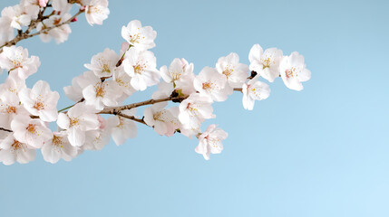 Delicate cherry blossoms bloom against soft blue pastel sky, creating serene atmosphere