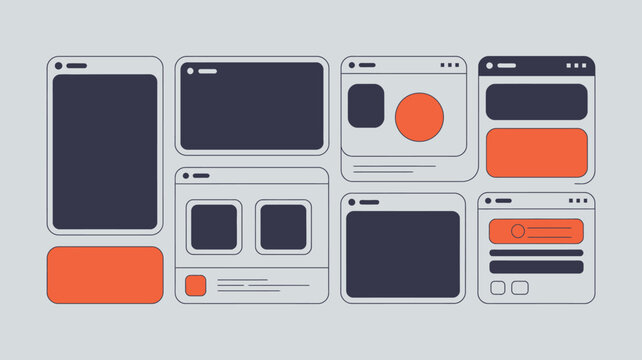 A minimalist illustration of eight different webpage layouts with orange and dark blue accents