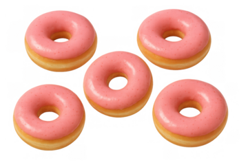 Group of five delicious vibrant pink icing donuts. Perfect for bakery promotions, sweet treat advertisements, and menu elements. Transparent background