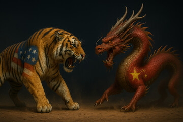 The tense relationship between the United States and China is symbolically represented by  tiger and dragon fight