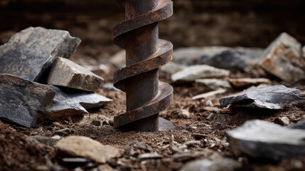 Beautiful photo of closeup of a rusty auger drill bit digging into rocky soil outdoors Concept of geotechnical investigation, construction, and environmental engineering.