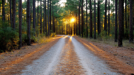 Obraz premium Serene pathway surrounded by tall pine trees, illuminated by warm glow of setting sun