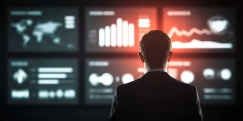 High tech control room showing holographic screens of staff performance, input analysis, and efficiency metrics with index tracking to increase operation score