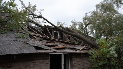 Beautiful photo of collapsed tree damaging house roof, highlighting urgent emergency repair needs and serious safety concerns.