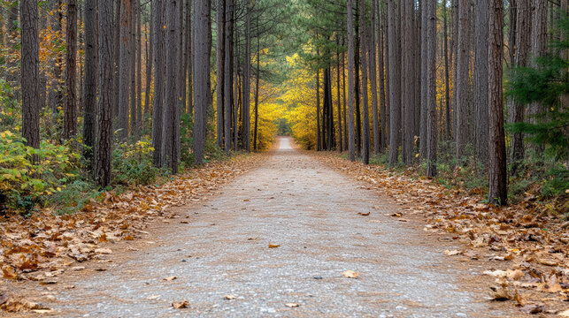 Serene pathway lined with tall pine trees, surrounded by autumn foliage and fallen leaves