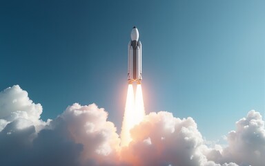 Spaceship ready for launch against blue sky background, space, spaceship, launch, space exploration, technology. High quality