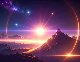 Cosmic panorama depicting celestial events above a mountain range