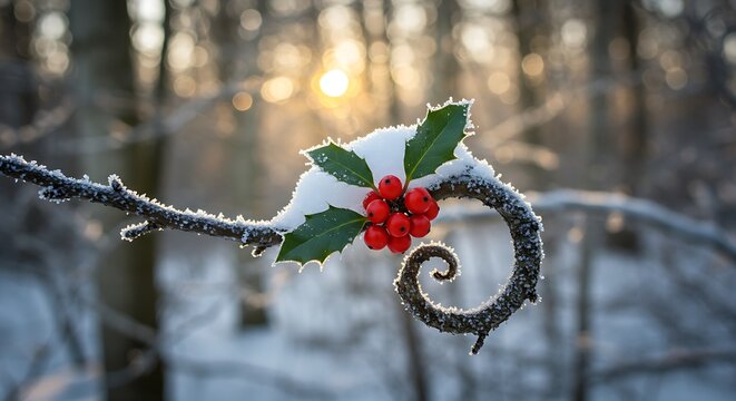 Holly berries and leaves covered in snow on a curved branch, with sunlight filtering through the trees in the background. - Powered by Adobe