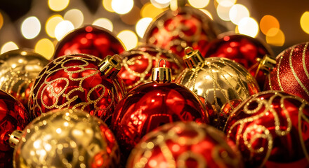 A close up of red and gold christmas ornaments with bokeh lights in the background holiday decoration